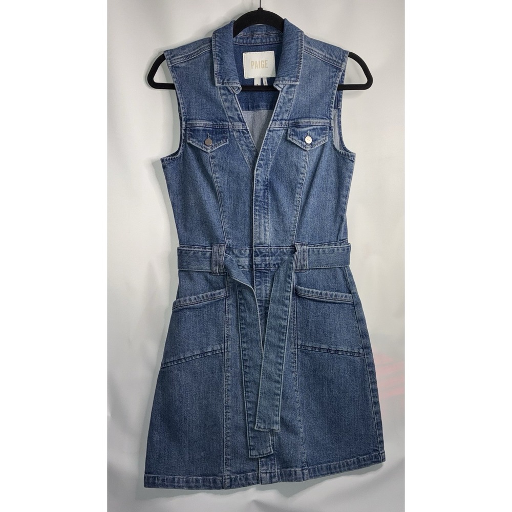 PAIGE Anthropologie Kelsee Sleeveless Self Tie Denim Dress Size 4 Medium Blue